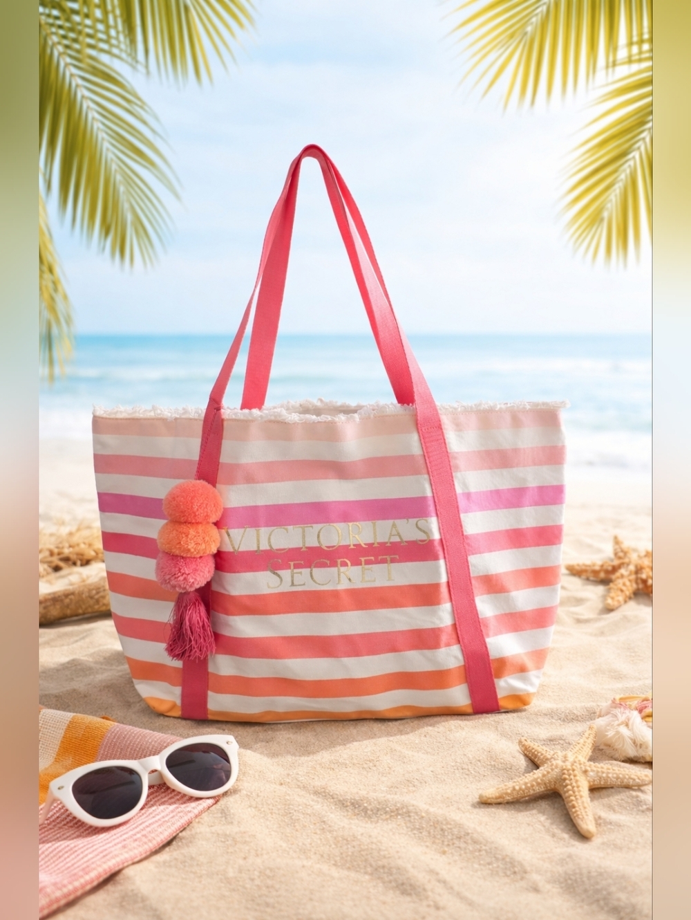 Victoria’s Secret Pink Stripe Beach Tote Bag Pom Tassel Large Summer Shopper
